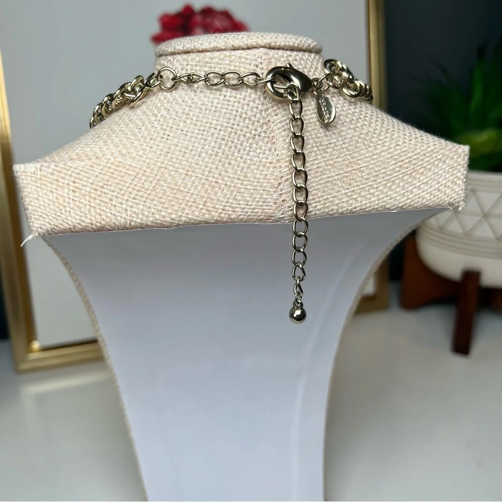 Chicos Elegant Statement Necklace Blue Rhinestones Gold Chain Chic Glam 18” + 4”